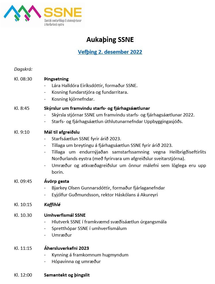 Dagskrá aukaþings SSNE í desember 2022.